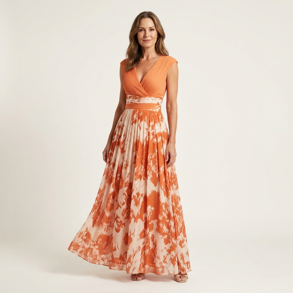 Nia | Tie-Dye Print Deep V-Neck Pleated Maxi Dress