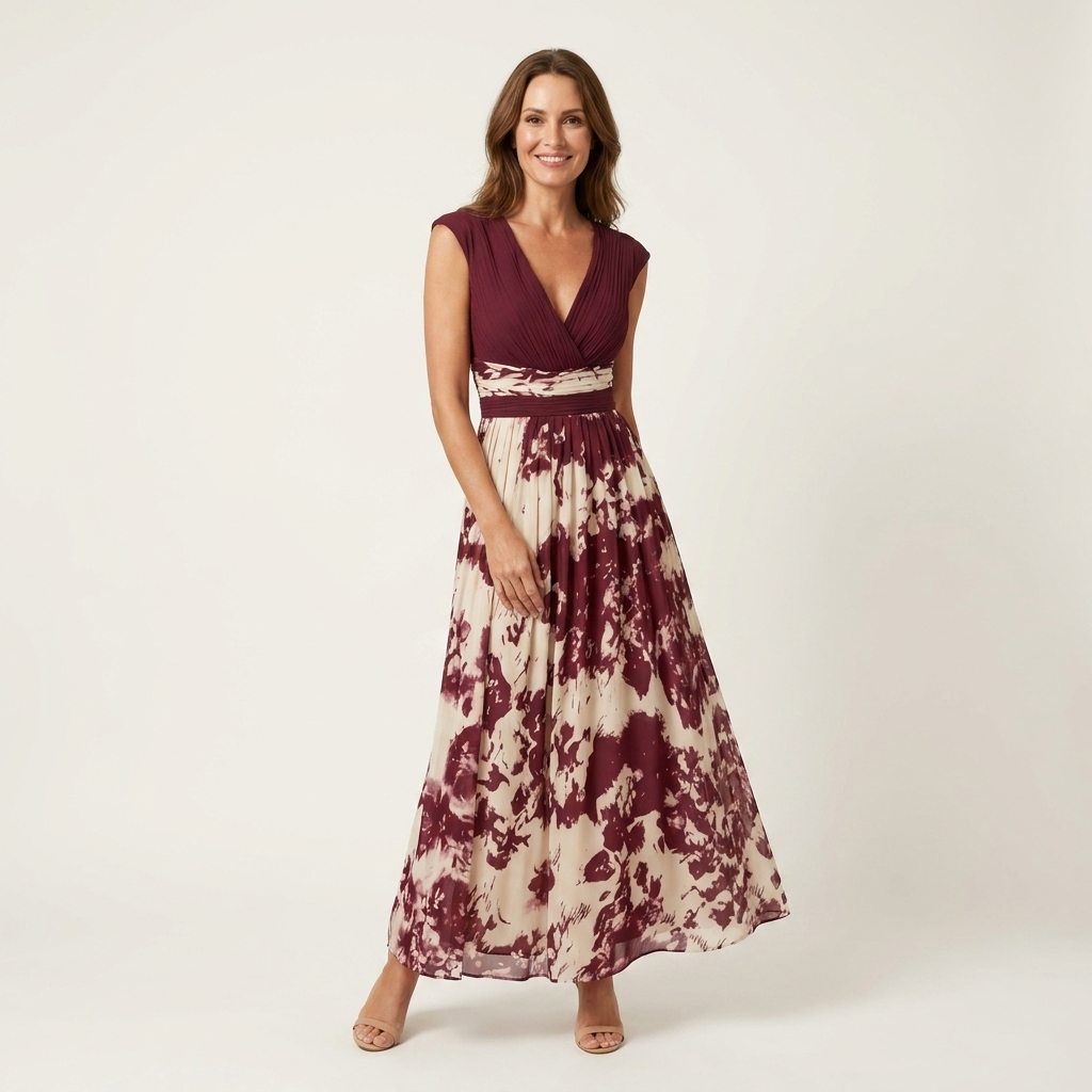 Nia | Tie-Dye Print Deep V-Neck Pleated Maxi Dress