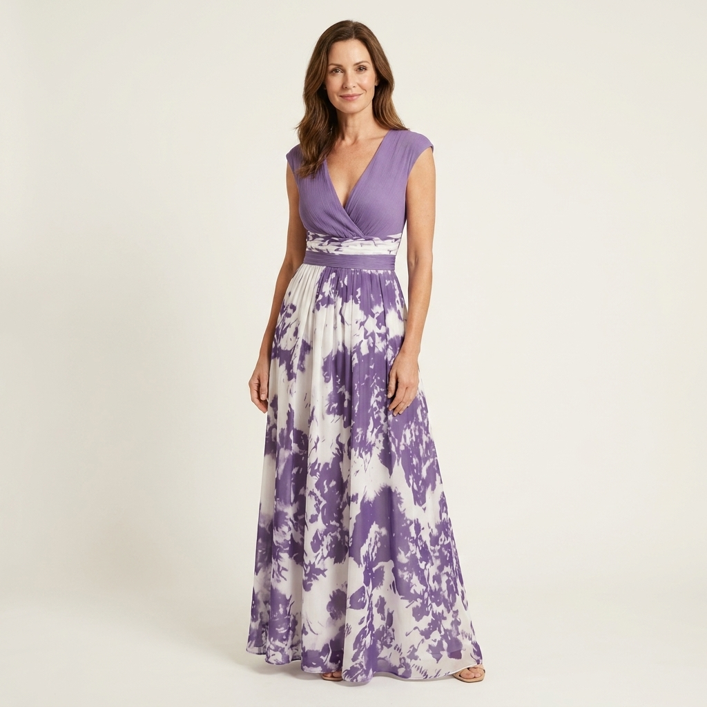 Nia | Tie-Dye Print Deep V-Neck Pleated Maxi Dress
