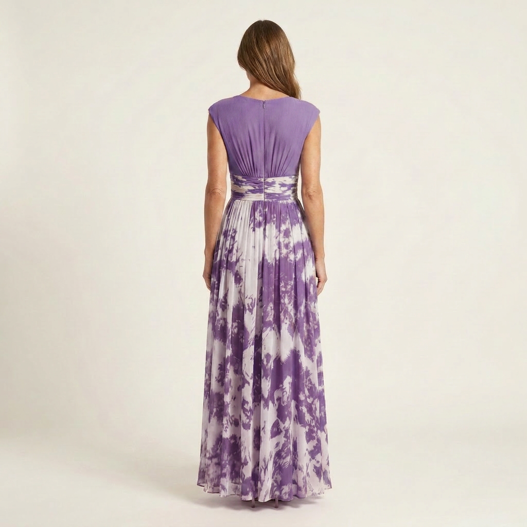 Nia | Tie-Dye Print Deep V-Neck Pleated Maxi Dress