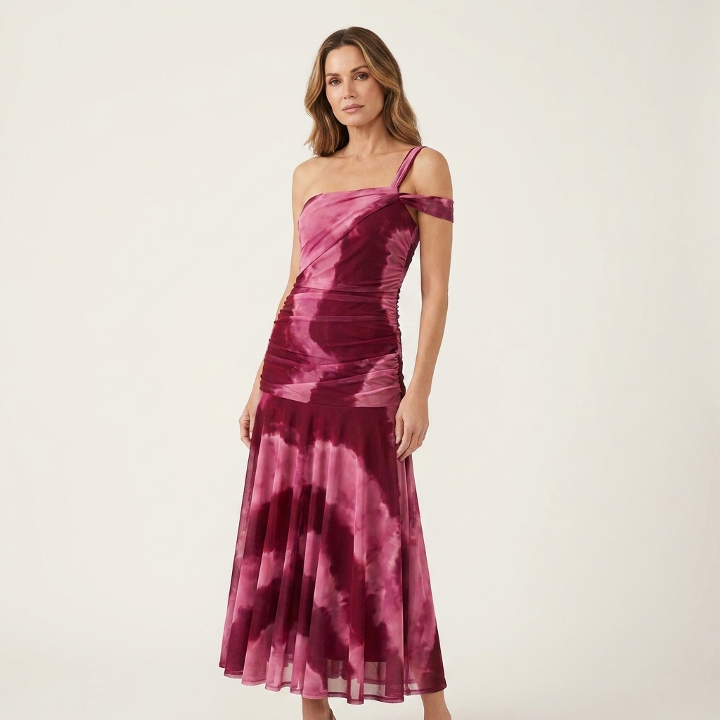 Mavelia | Tie-Dye One-Shoulder Ruched Satin Maxi Dress