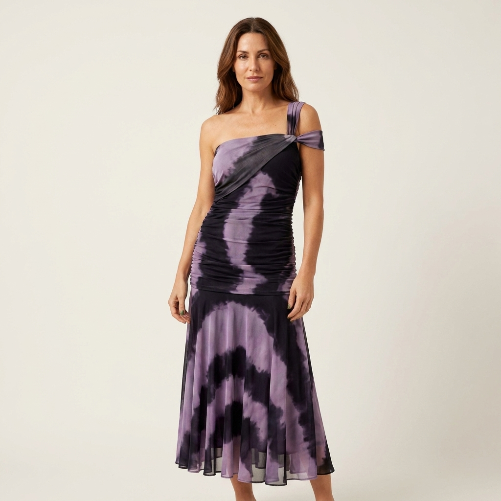Mavelia | Tie-Dye One-Shoulder Ruched Satin Maxi Dress