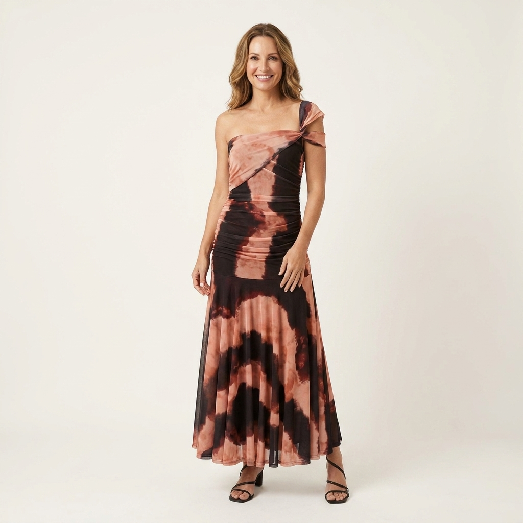Mavelia | Tie-Dye One-Shoulder Ruched Satin Maxi Dress