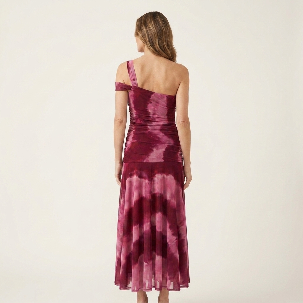 Mavelia | Tie-Dye One-Shoulder Ruched Satin Maxi Dress