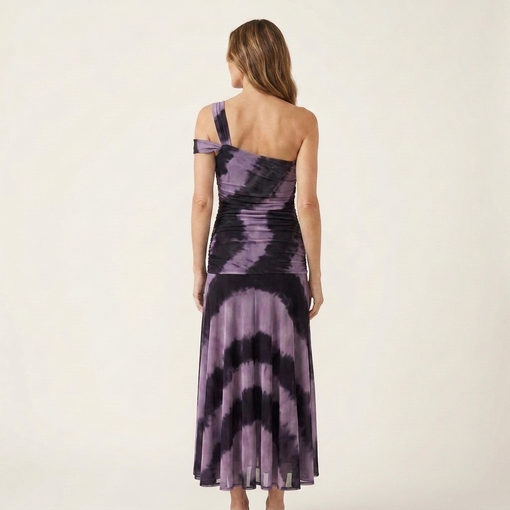 Mavelia | Tie-Dye One-Shoulder Ruched Satin Maxi Dress