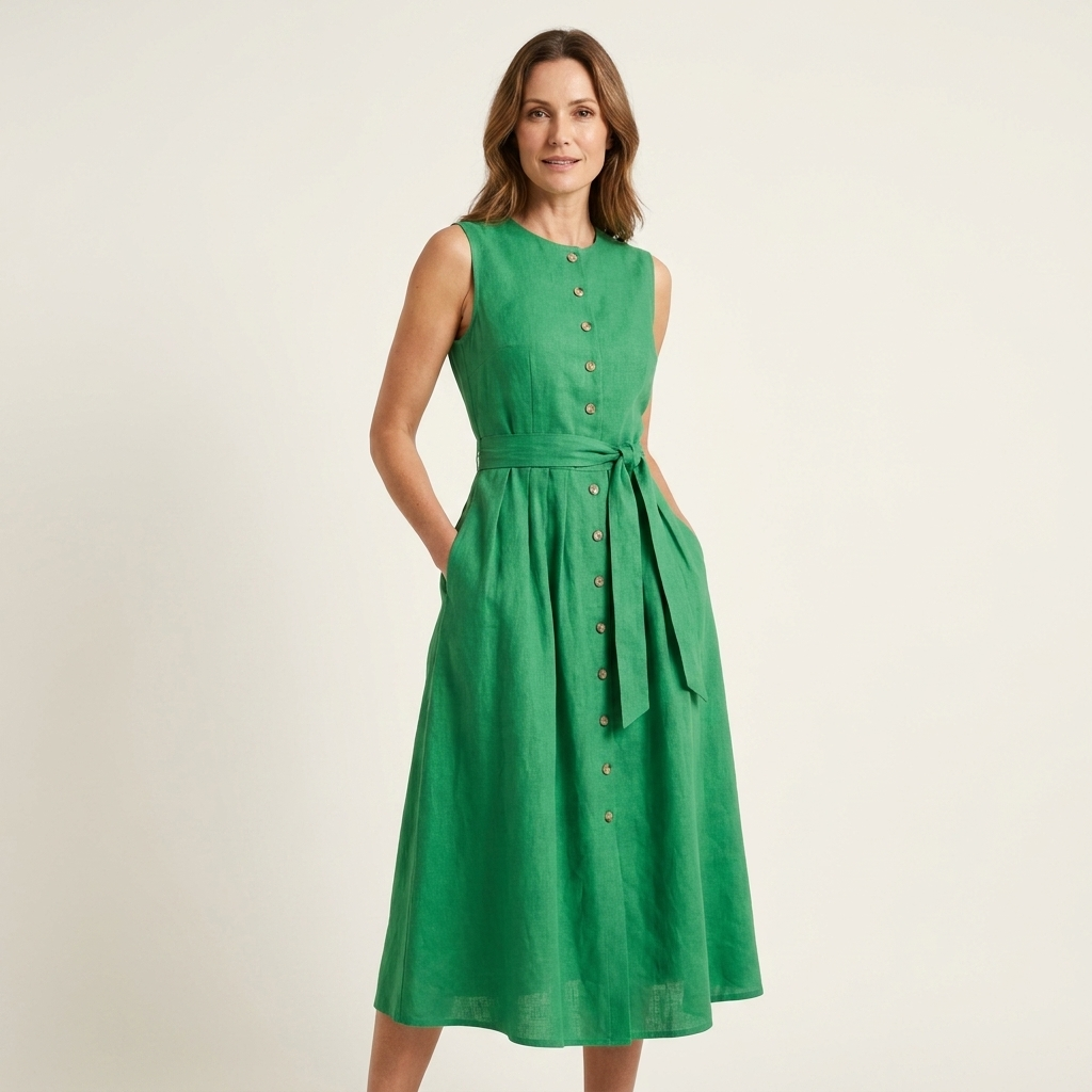Sheila | Button-Front Tie-Waist Sleeveless Midi Dress