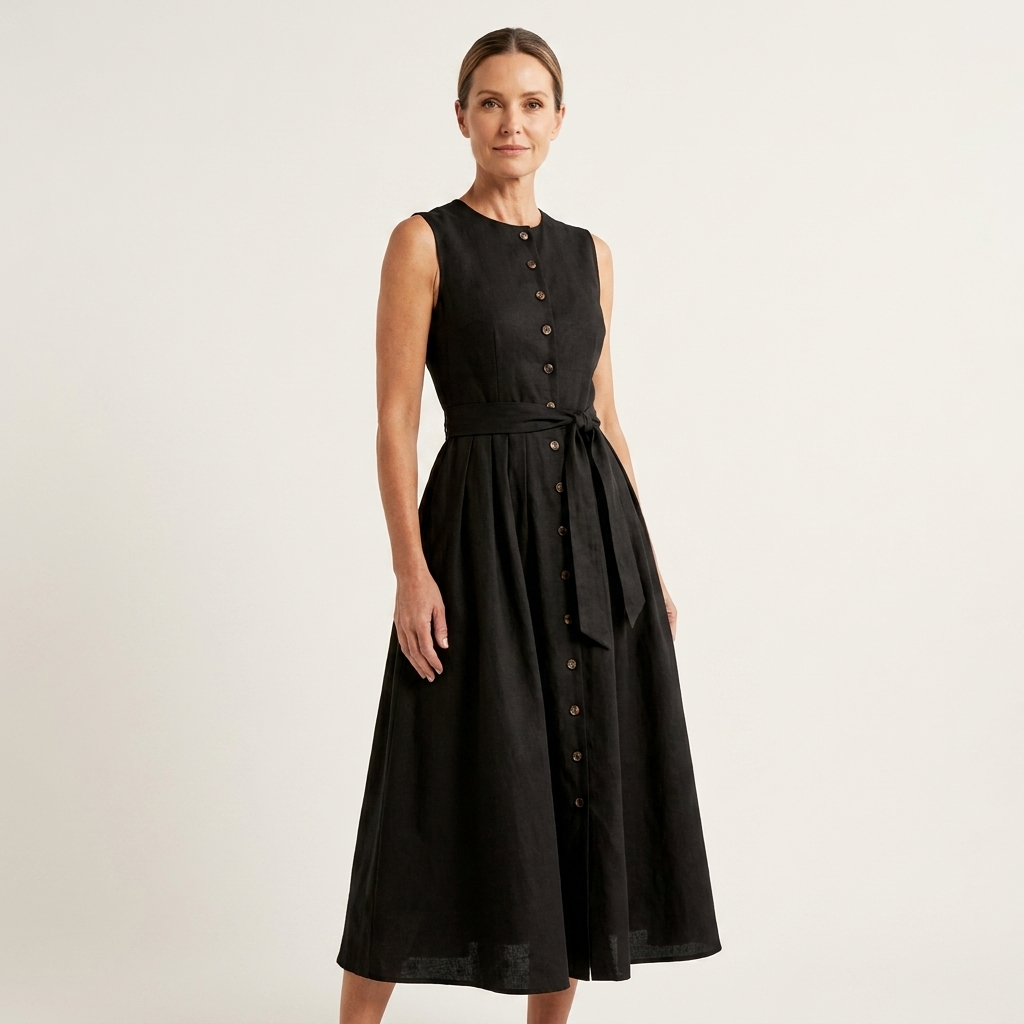 Sheila | Button-Front Tie-Waist Sleeveless Midi Dress