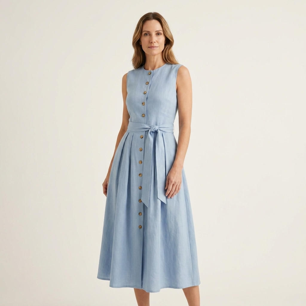 Sheila | Button-Front Tie-Waist Sleeveless Midi Dress