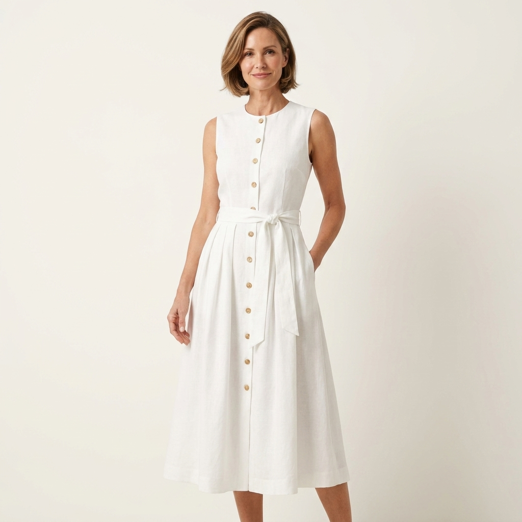 Sheila | Button-Front Tie-Waist Sleeveless Midi Dress