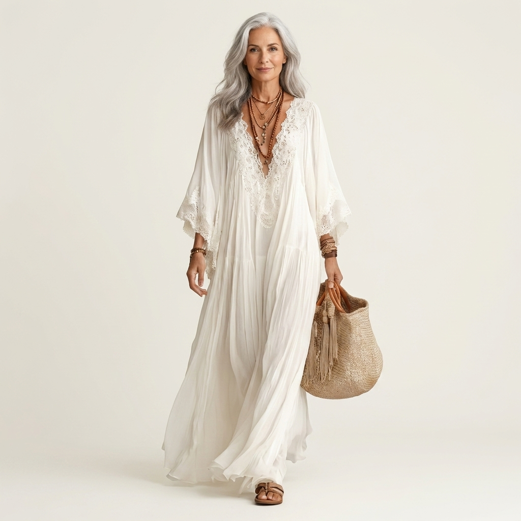 Maddy | V-Neck Crochet Lace-Trim Bell-Sleeve Pleated Maxi Dress