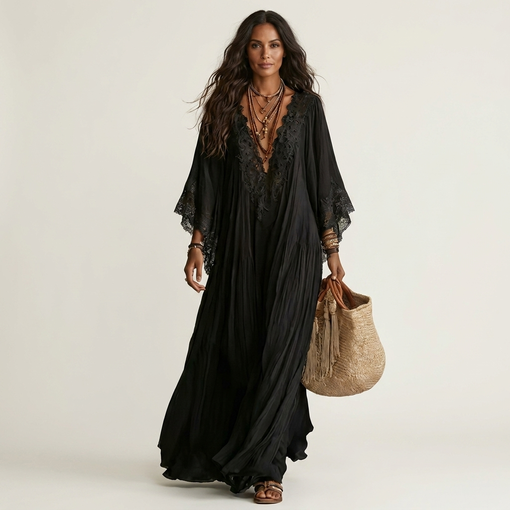 Maddy | V-Neck Crochet Lace-Trim Bell-Sleeve Pleated Maxi Dress