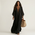 Maddy | V-Neck Crochet Lace-Trim Bell-Sleeve Pleated Maxi Dress