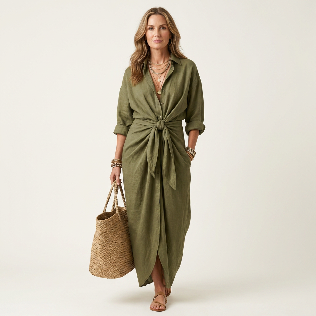 Anni | Collared Long-Sleeve Twist-Knot Maxi Dress With Slit