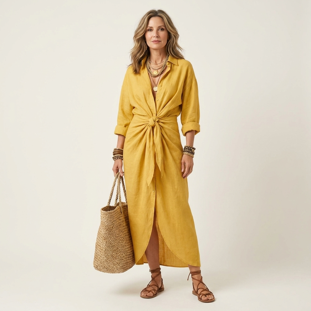 Anni | Collared Long-Sleeve Twist-Knot Maxi Dress With Slit