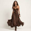 Tammy | Dark Brown Lace-Bodice Spaghetti-Strap Chiffon Maxi Dress