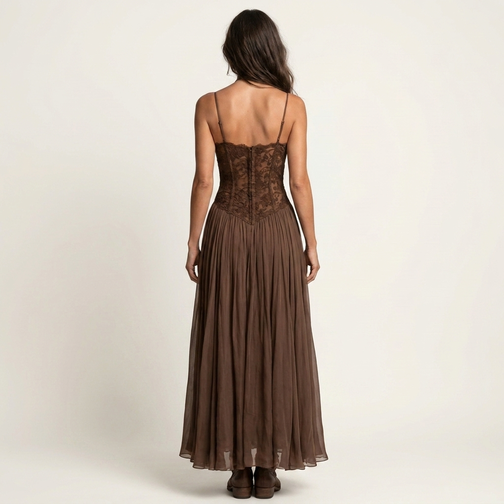 Tammy | Dark Brown Lace-Bodice Spaghetti-Strap Chiffon Maxi Dress