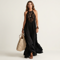 Pam | Black Halter-Neck Sheer Lace Bodice Maxi Dress