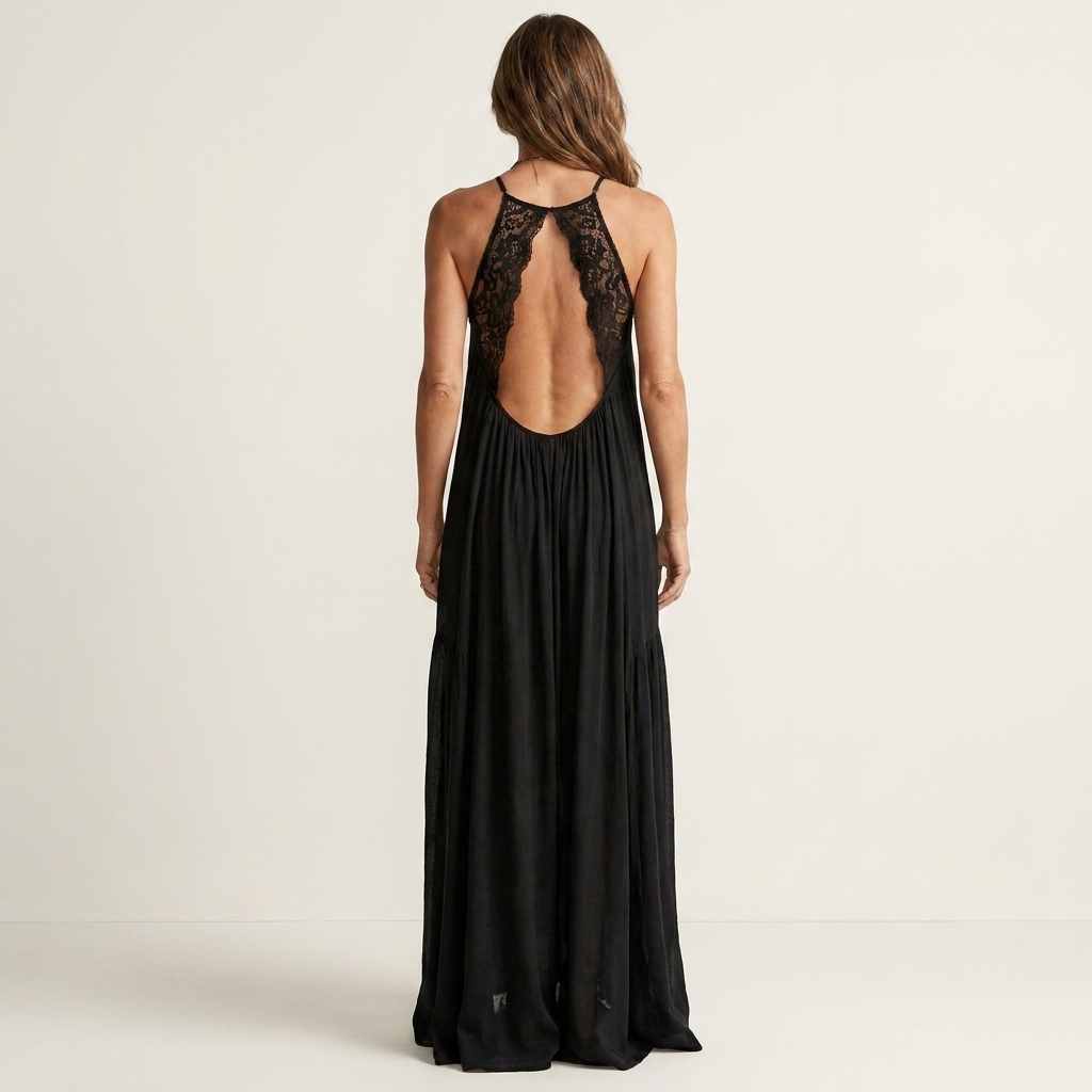 Pam | Black Halter-Neck Sheer Lace Bodice Maxi Dress