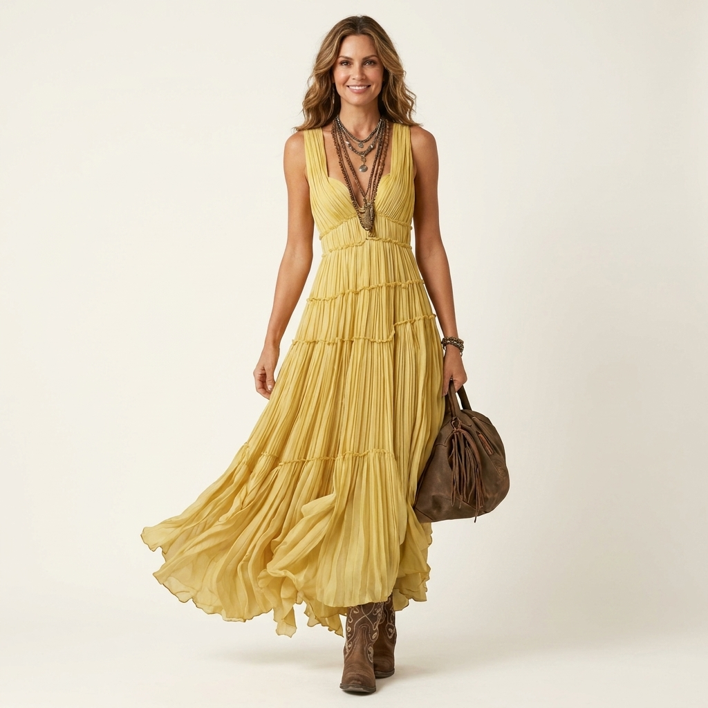 Missy | Deep V-Neck Pleated Tiered Maxi Dress