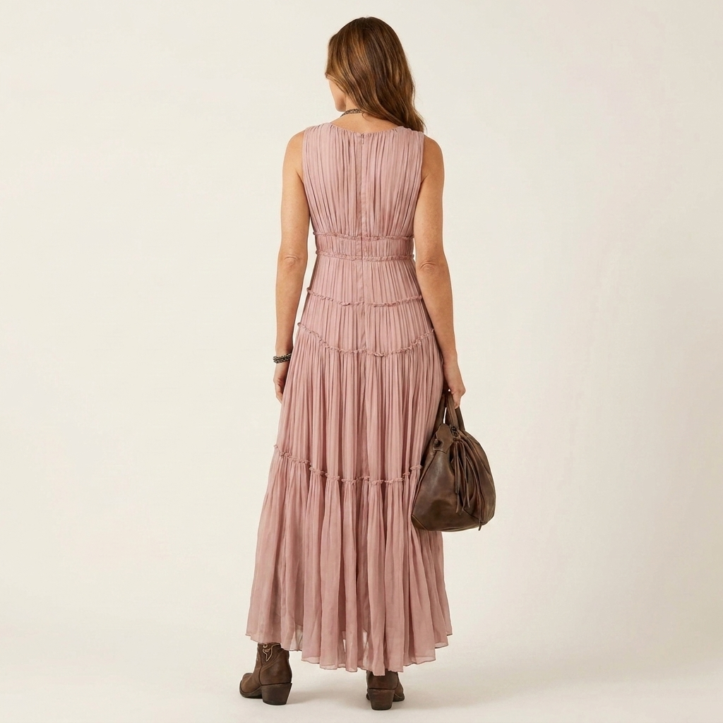 Missy | Deep V-Neck Pleated Tiered Maxi Dress