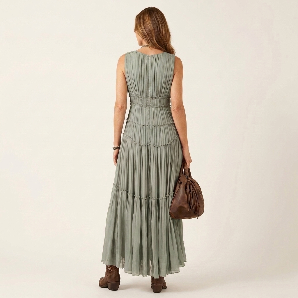 Missy | Deep V-Neck Pleated Tiered Maxi Dress
