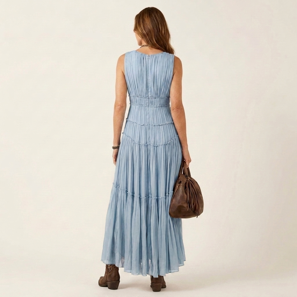 Missy | Deep V-Neck Pleated Tiered Maxi Dress