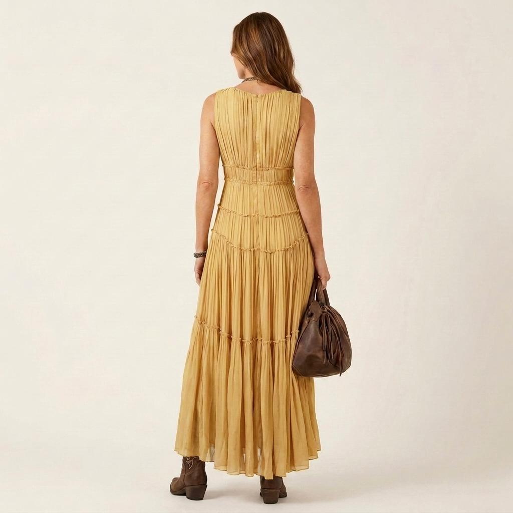 Missy | Deep V-Neck Pleated Tiered Maxi Dress