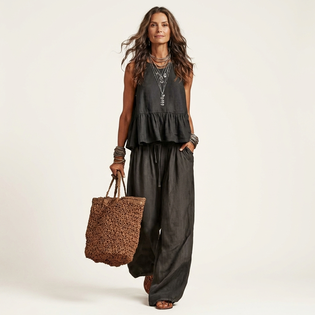 Janice | Sleeveless Ruffle-Hem Top & Wide-Leg Pants Two-Piece Set