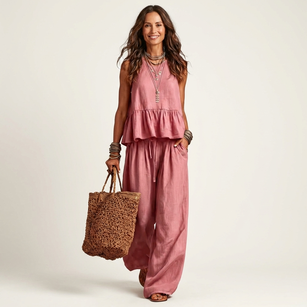 Janice | Sleeveless Ruffle-Hem Top & Wide-Leg Pants Two-Piece Set