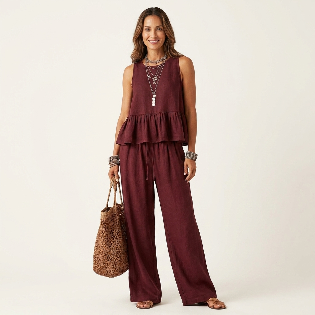 Janice | Sleeveless Ruffle-Hem Top & Wide-Leg Pants Two-Piece Set