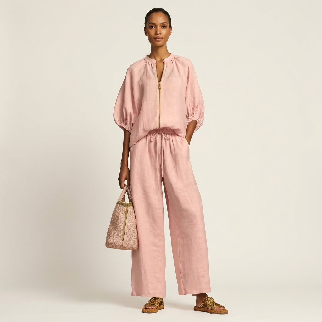 Hazel | Zip-Front Puff-Sleeve Top & Drawstring Wide-Leg Pants Two-Piece Set