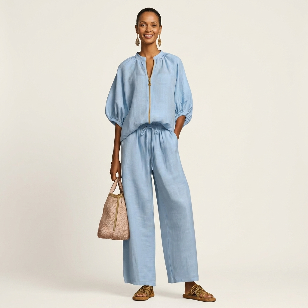 Hazel | Zip-Front Puff-Sleeve Top & Drawstring Wide-Leg Pants Two-Piece Set