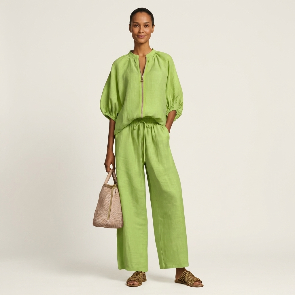 Hazel | Zip-Front Puff-Sleeve Top & Drawstring Wide-Leg Pants Two-Piece Set