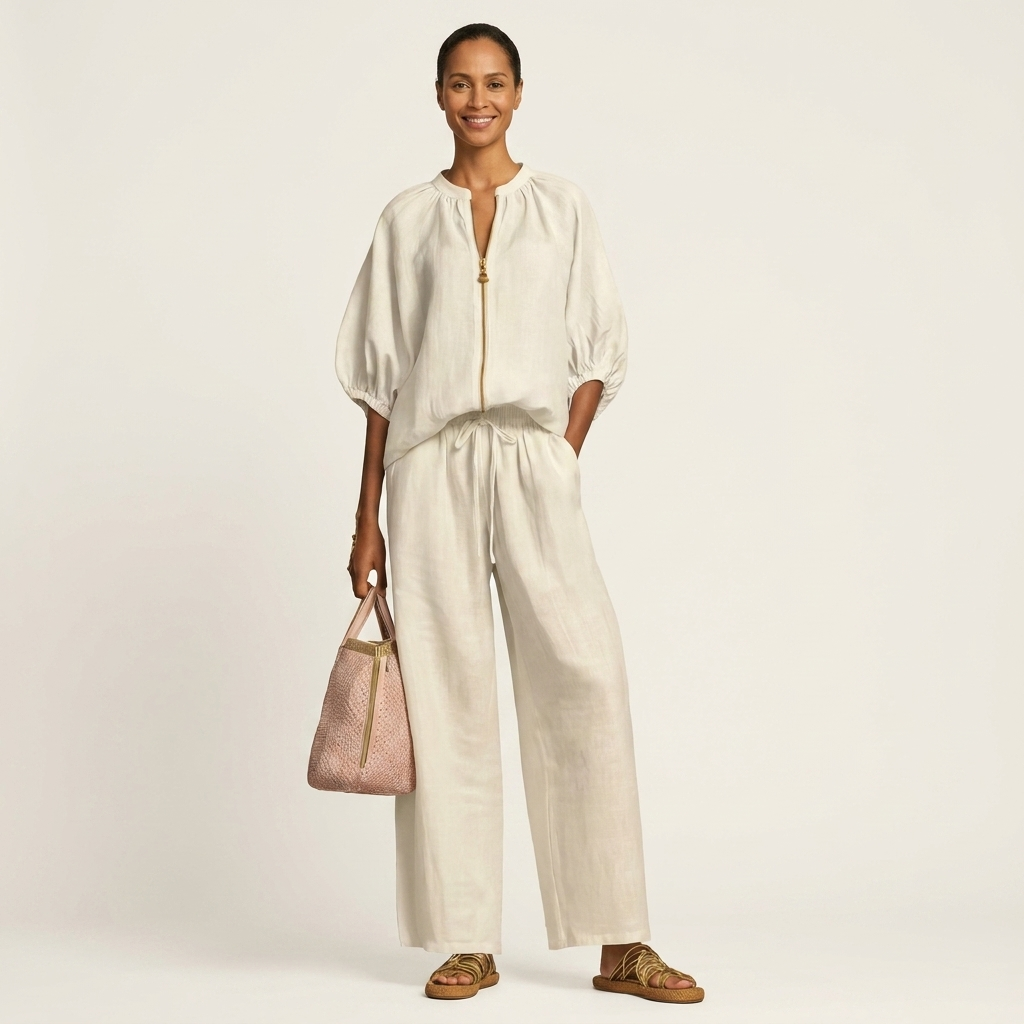 Hazel | Zip-Front Puff-Sleeve Top & Drawstring Wide-Leg Pants Two-Piece Set