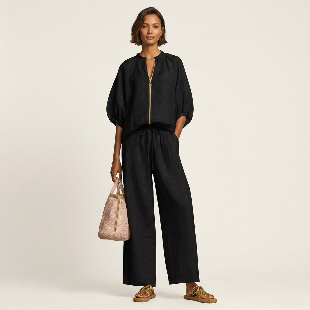 Hazel | Zip-Front Puff-Sleeve Top & Drawstring Wide-Leg Pants Two-Piece Set