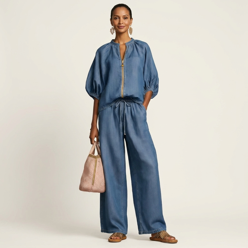 Hazel | Zip-Front Puff-Sleeve Top & Drawstring Wide-Leg Pants Two-Piece Set