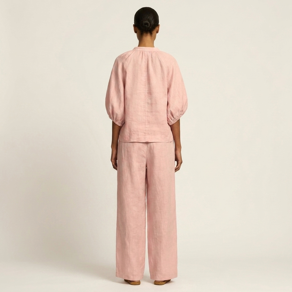 Hazel | Zip-Front Puff-Sleeve Top & Drawstring Wide-Leg Pants Two-Piece Set