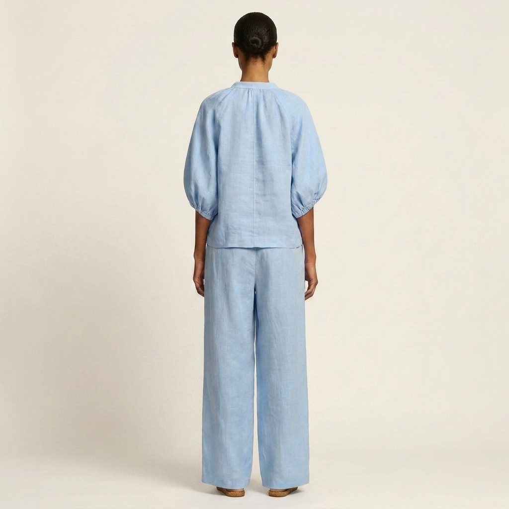 Hazel | Zip-Front Puff-Sleeve Top & Drawstring Wide-Leg Pants Two-Piece Set