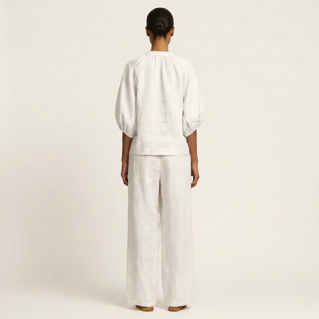 Hazel | Zip-Front Puff-Sleeve Top & Drawstring Wide-Leg Pants Two-Piece Set