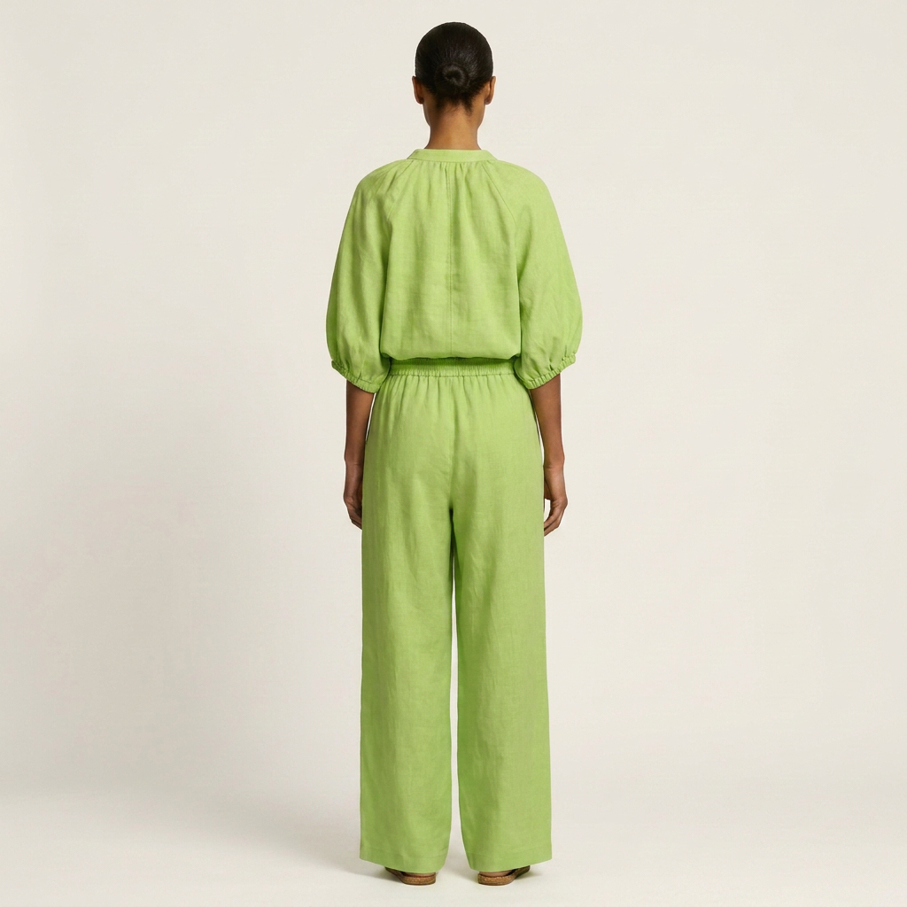 Hazel | Zip-Front Puff-Sleeve Top & Drawstring Wide-Leg Pants Two-Piece Set