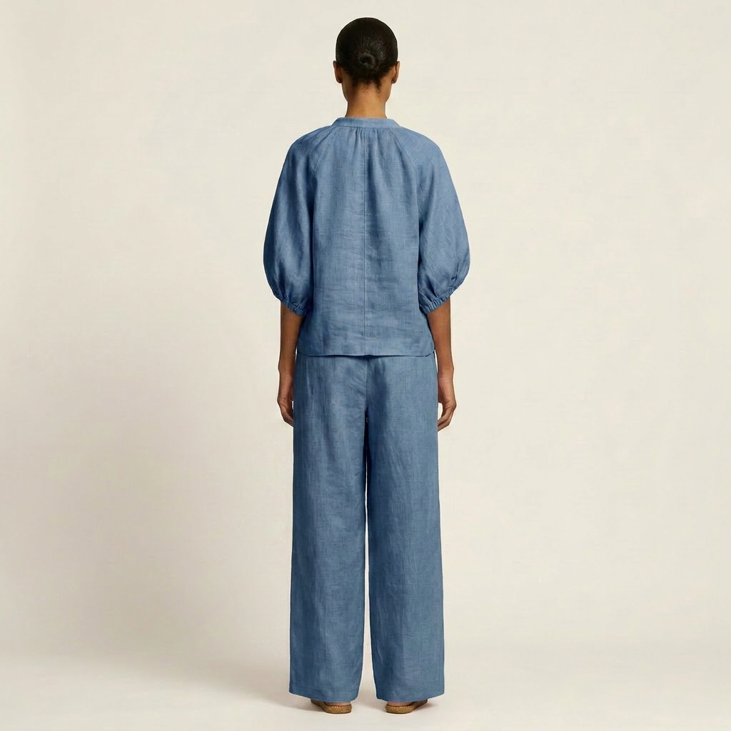 Hazel | Zip-Front Puff-Sleeve Top & Drawstring Wide-Leg Pants Two-Piece Set