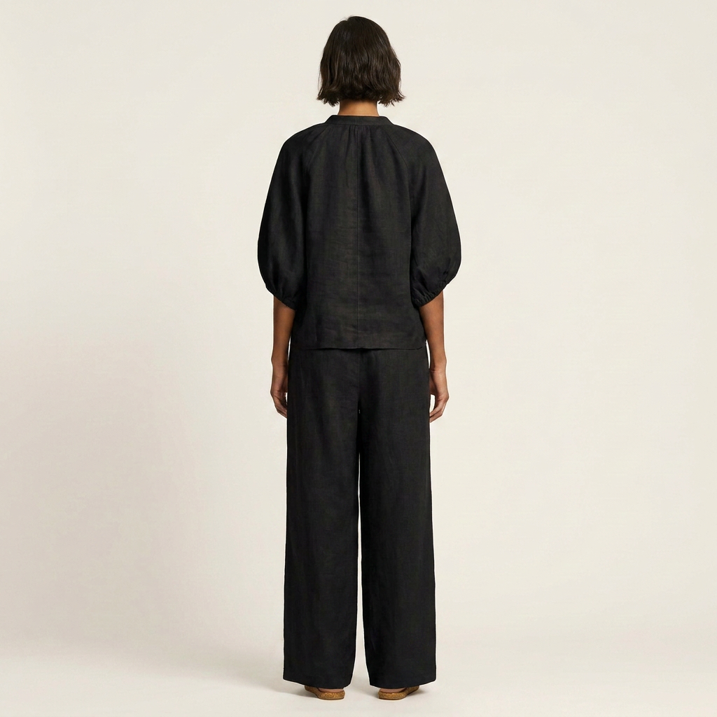 Hazel | Zip-Front Puff-Sleeve Top & Drawstring Wide-Leg Pants Two-Piece Set