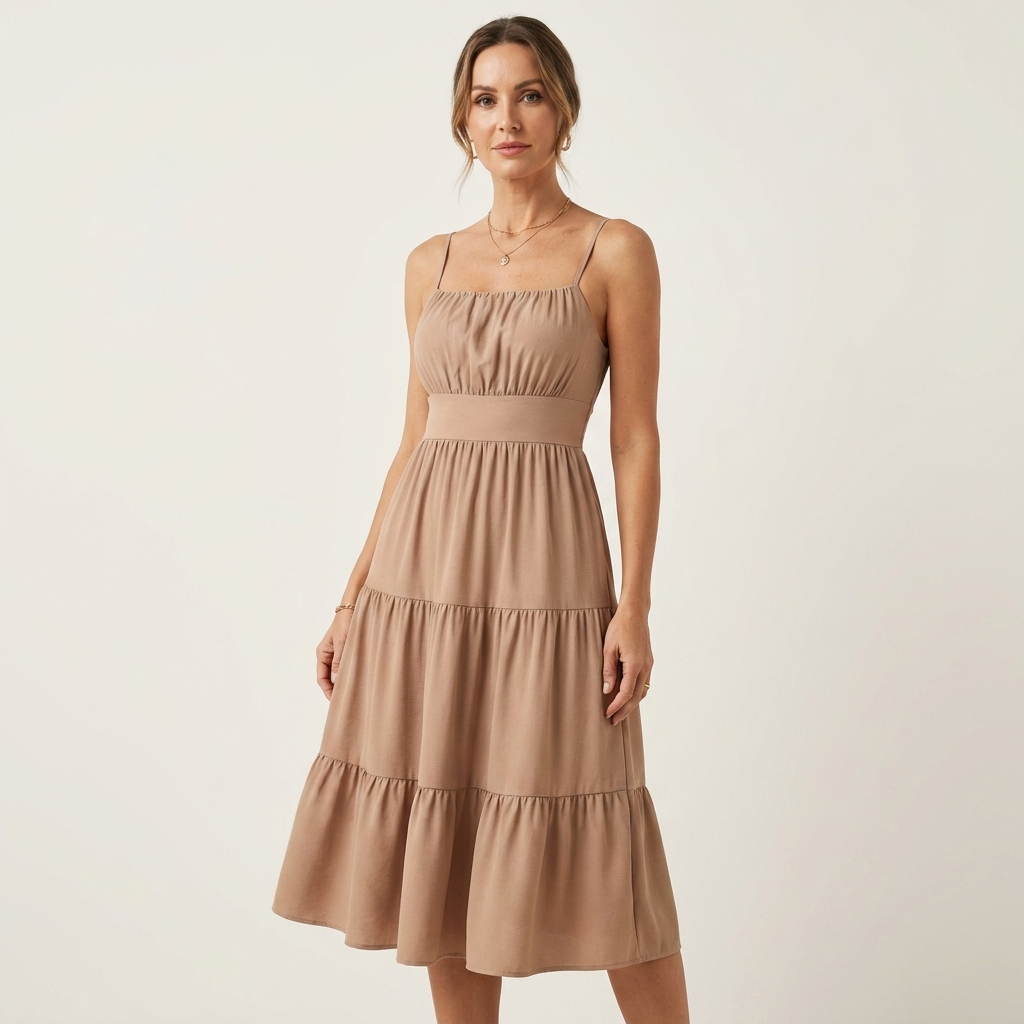Zira | Spaghetti-Strap Ruched Bodice Tiered Midi Dress With Slit
