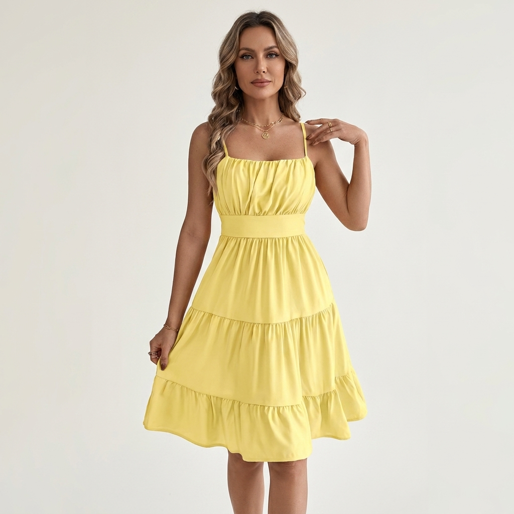Zira | Spaghetti-Strap Ruched Bodice Tiered Midi Dress With Slit