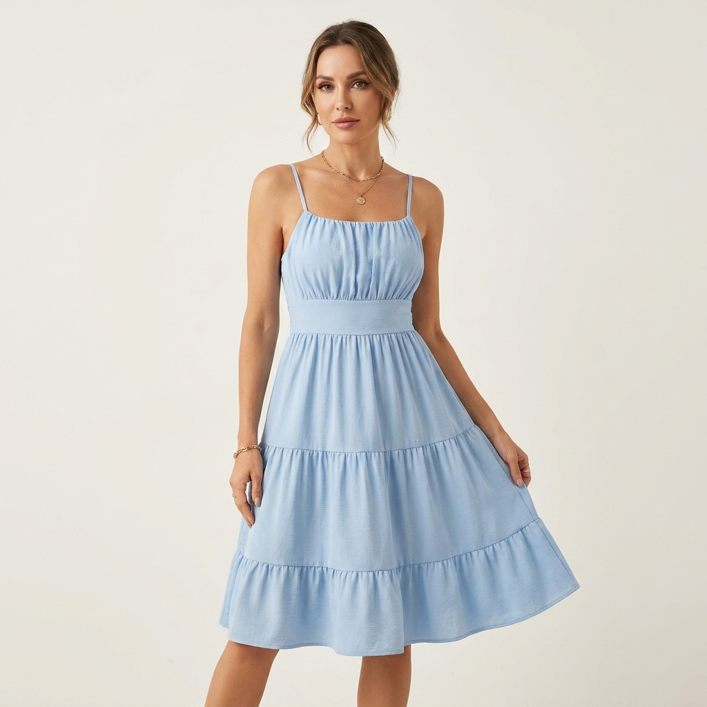 Zira | Spaghetti-Strap Ruched Bodice Tiered Midi Dress With Slit