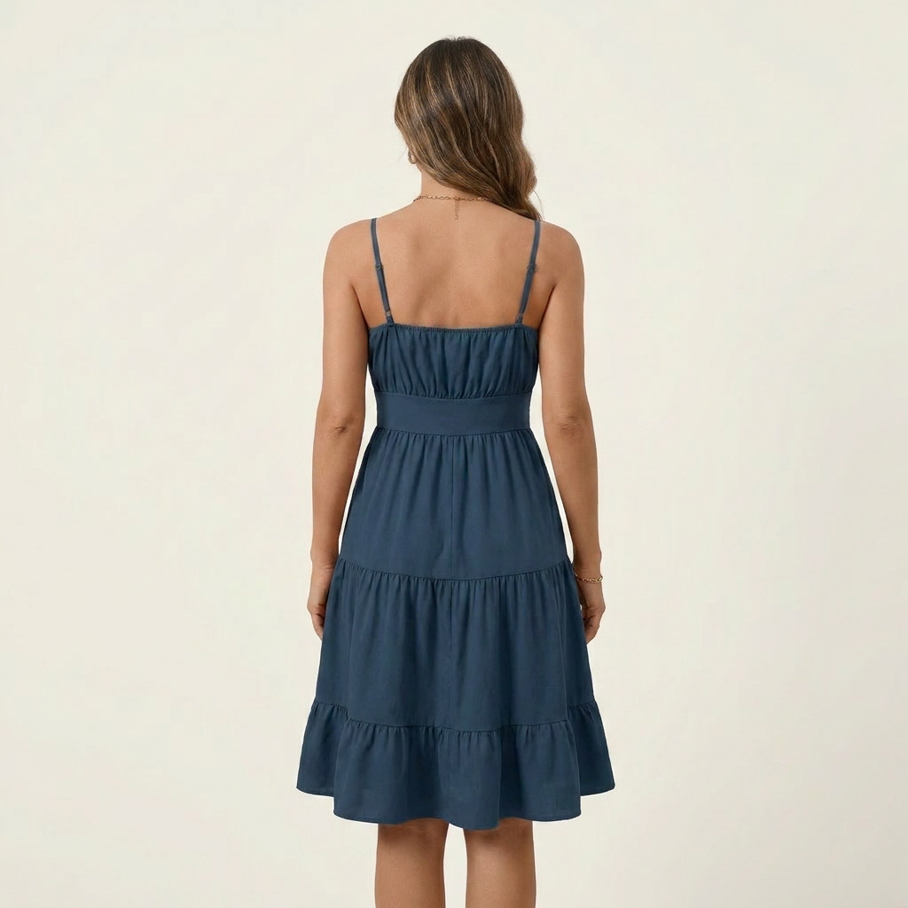 Zira | Spaghetti-Strap Ruched Bodice Tiered Midi Dress With Slit