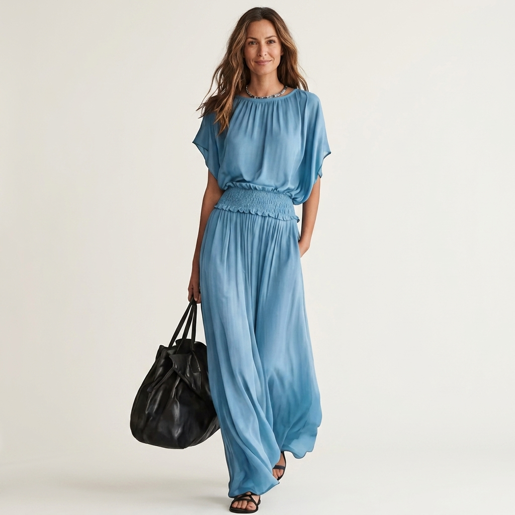 Becky | Batwing-Sleeve Smocked-Waist Fluid Maxi Dress