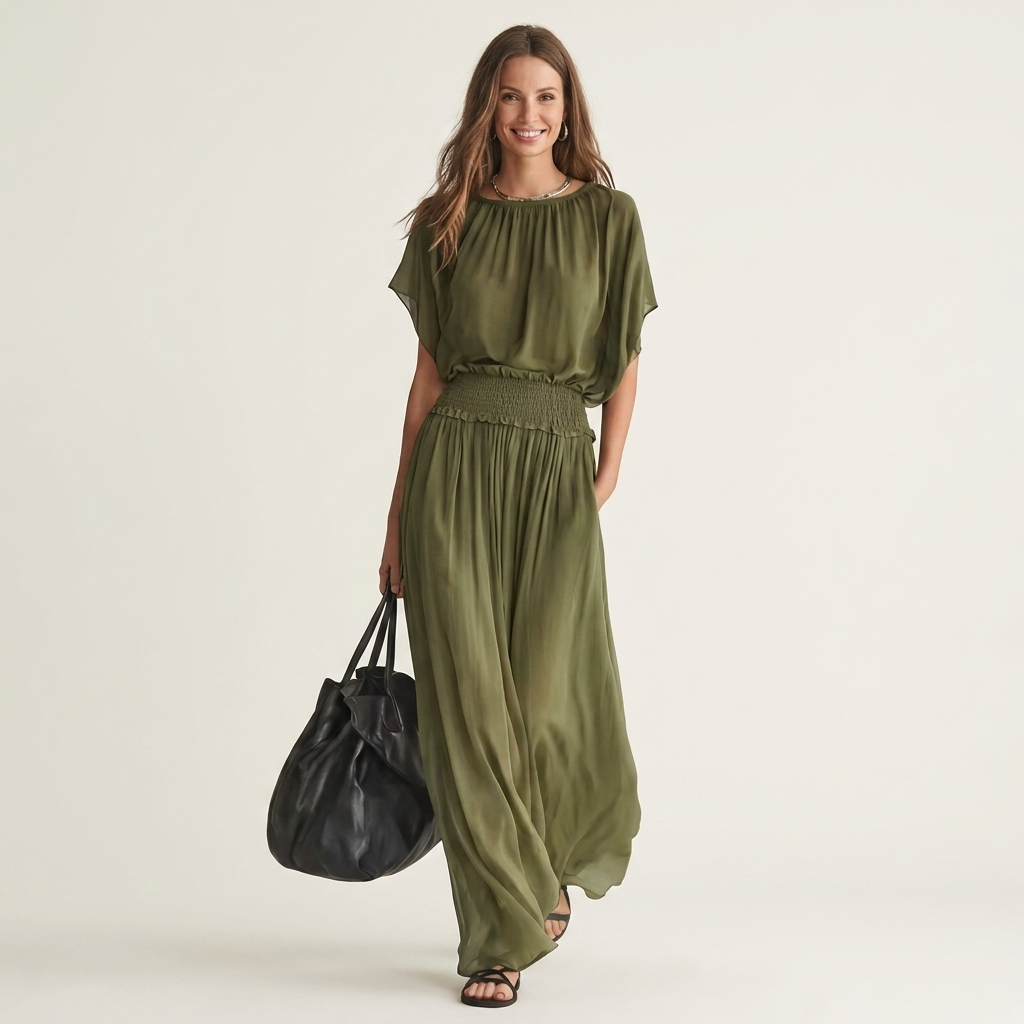 Becky | Batwing-Sleeve Smocked-Waist Fluid Maxi Dress