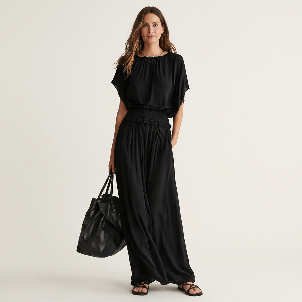 Becky | Batwing-Sleeve Smocked-Waist Fluid Maxi Dress