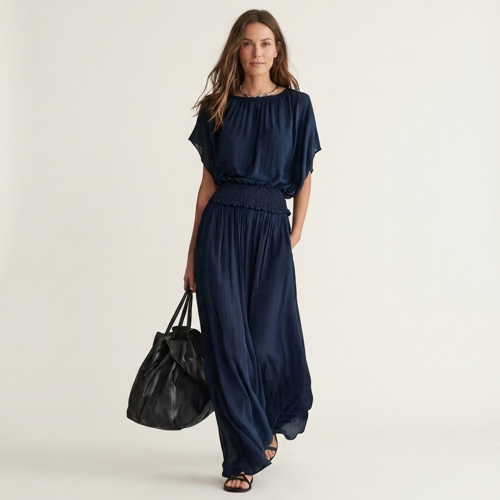 Becky | Batwing-Sleeve Smocked-Waist Fluid Maxi Dress